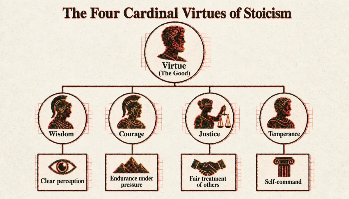Hierarchy diagram of the four cardinal virtues in what is stoicism