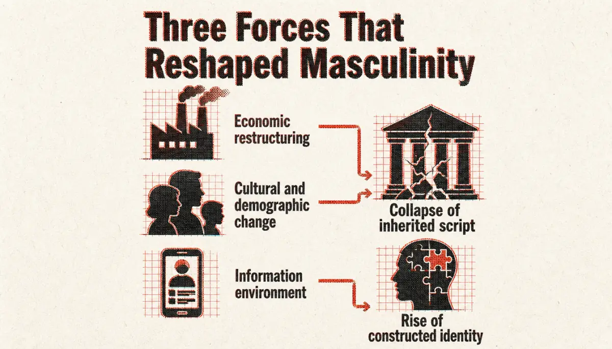 Infographic showing the three forces that reshaped modern masculinity