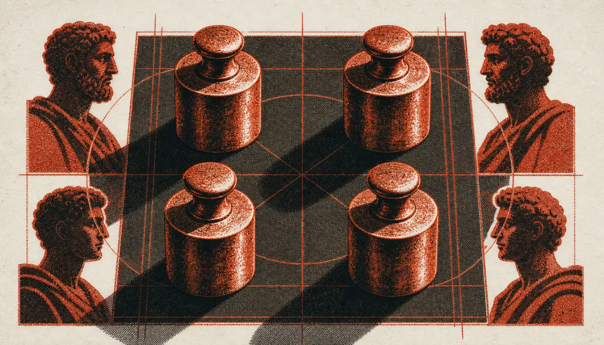 Four brass weights symbolizing the cardinal virtues in what is stoicism