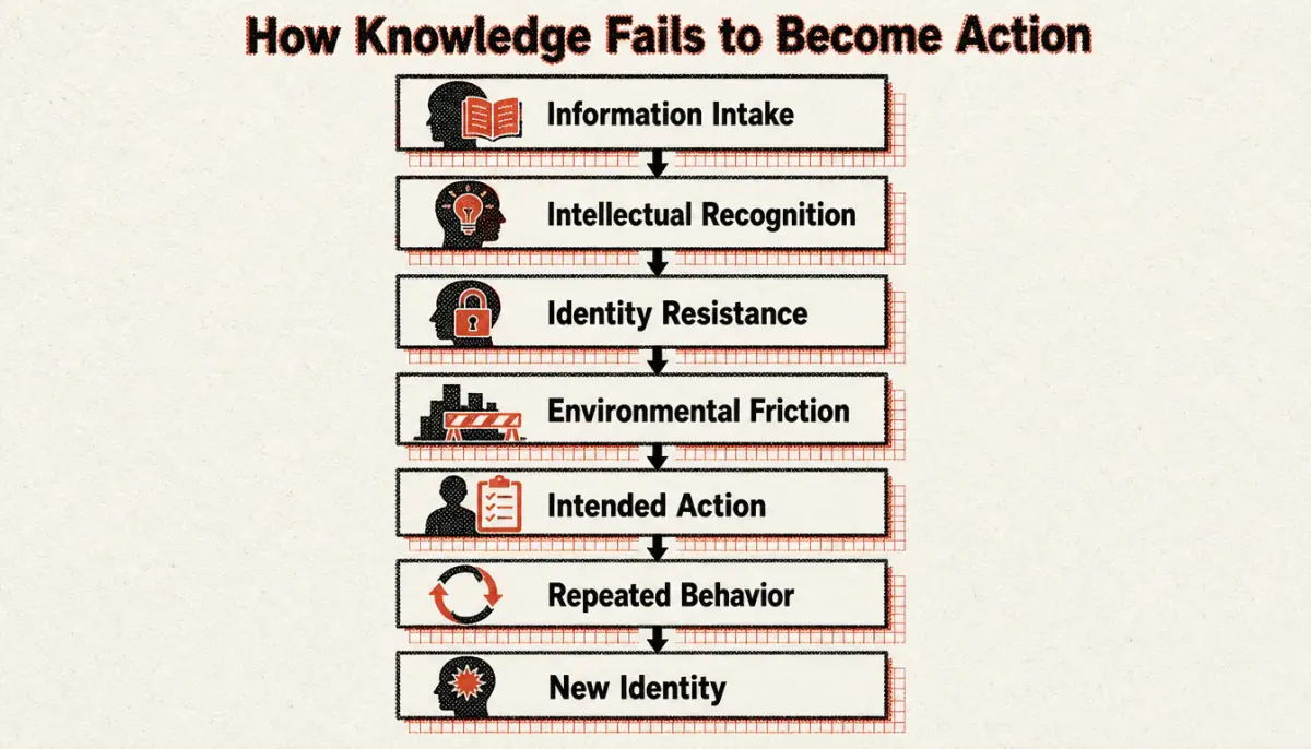 Flowchart showing how the knowledge action gap forms between intake and behavior
