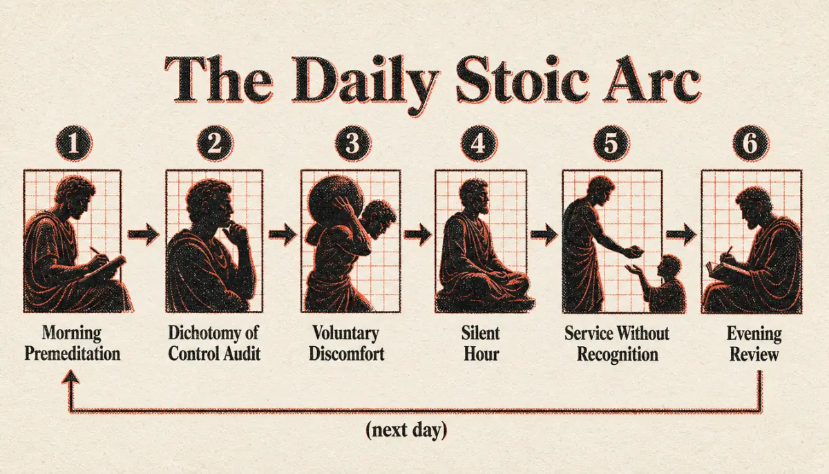 Process diagram showing the daily flow of daily stoic practices from morning to evening