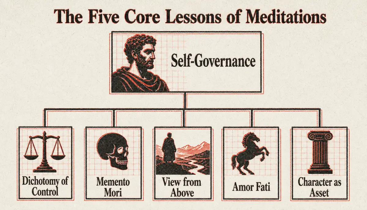 Hierarchy diagram of the five core marcus aurelius meditations lessons under self-governance