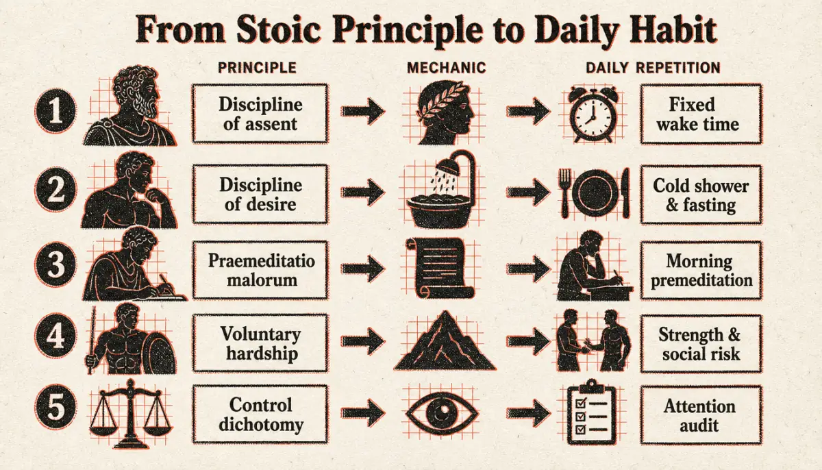 Process diagram converting Stoic principles into daily stoic habits results