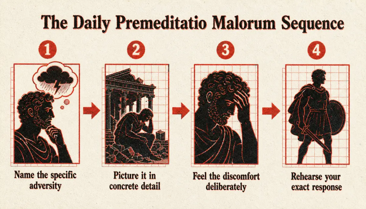 Process diagram of the daily premeditatio malorum practice sequence in four steps