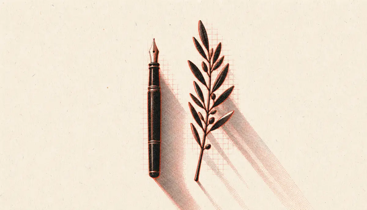 Fountain pen and olive branch symbolizing stoic journaling and gratitude journaling side by side