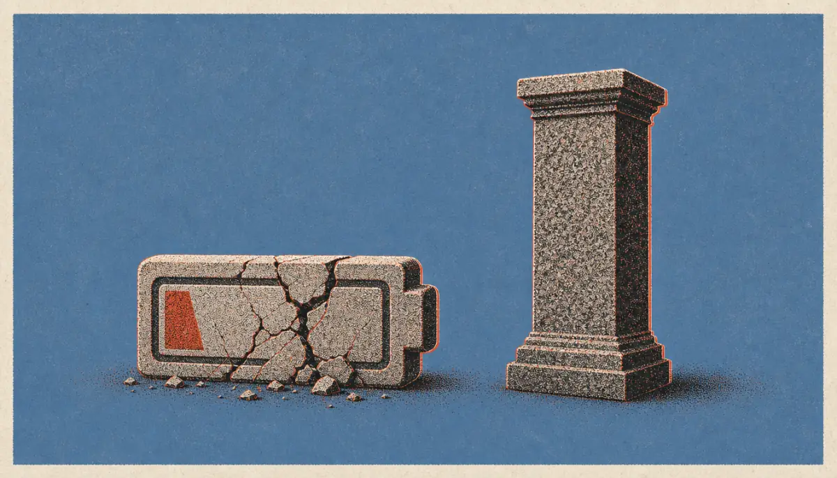 Depleting battery versus solid pillar illustrating systems over willpower in habits of disciplined men