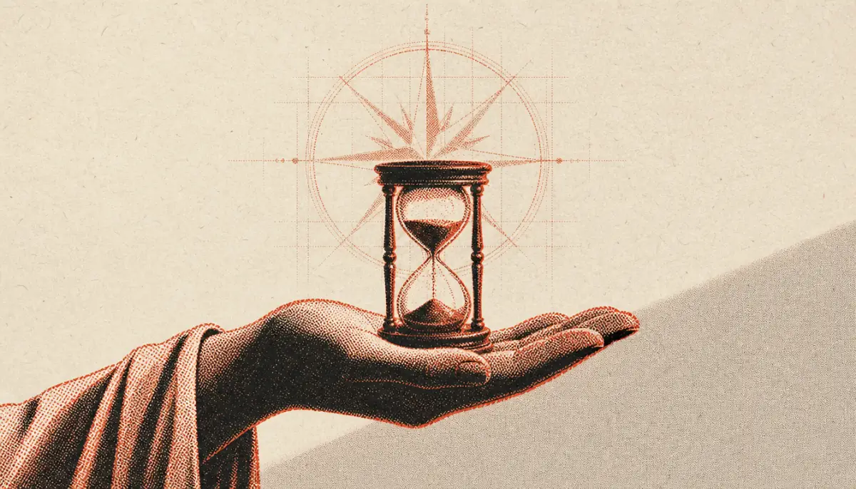 Hand holding hourglass beneath compass rose representing Stoic personal legacy vision