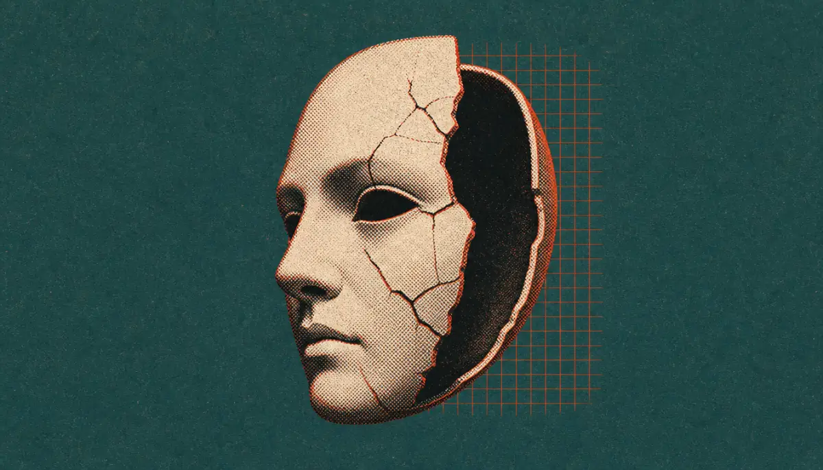 Hollow mask symbolizing the fragility of performed charisma versus authentic social presence in men