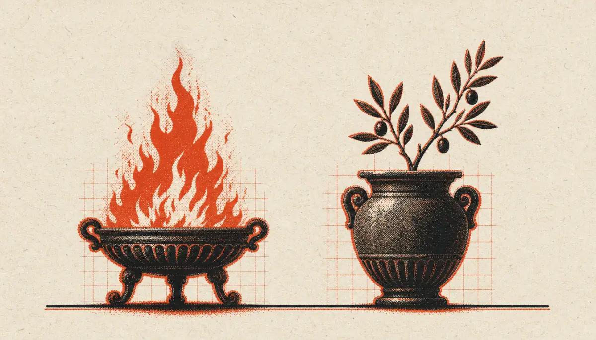 Brazier and rooted urn comparing ambition and personal legacy