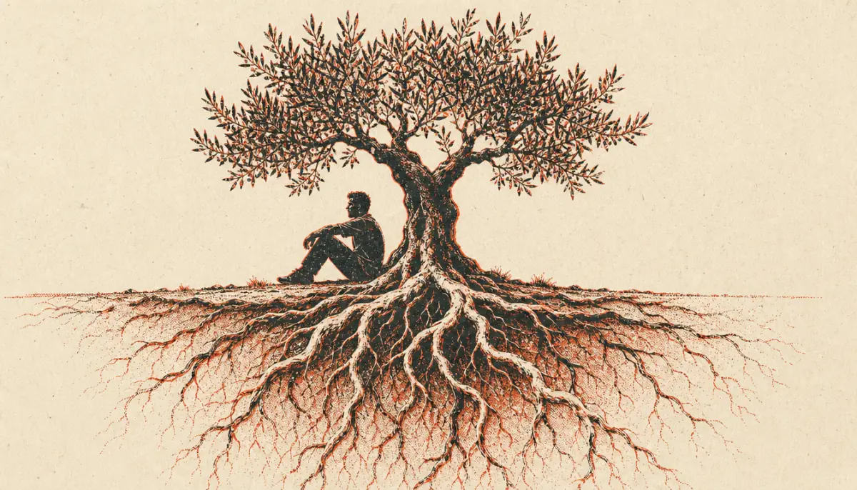 Olive tree with deep roots representing philosophy-grounded self help for men