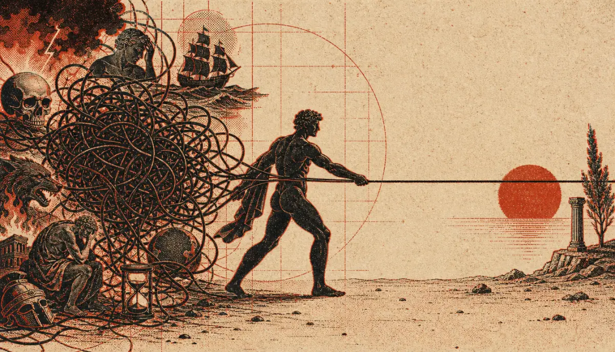 Tangled thread resolving into a line, showing worry versus premeditatio malorum practice