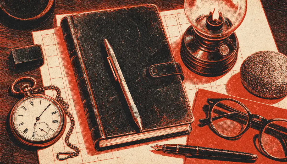 Dense arrangement of evening review tools representing habits of disciplined men