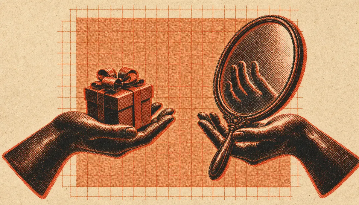 Two bronze hands offering a gift and a mirror, illustrating performative masculinity in mentorship