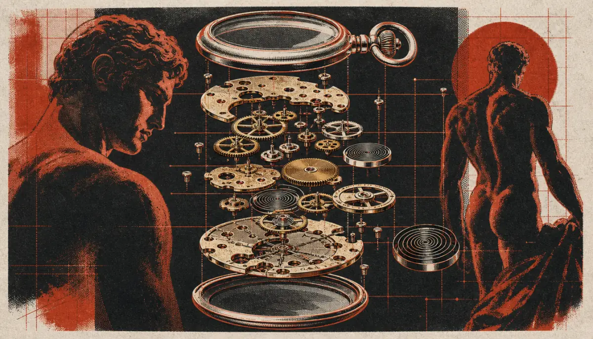 Exploded mechanical watch diagram representing the working system of self help for men