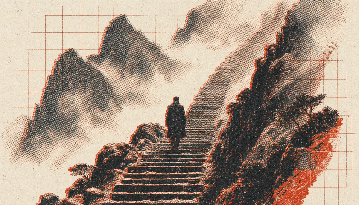 Figure climbing stone stairs into mist, illustrating the long arc of daily stoic practices
