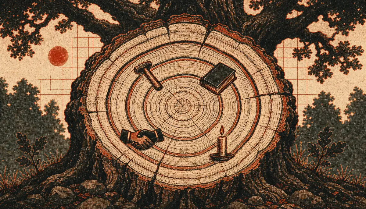 Oak tree rings embedded with daily symbols illustrating legacy through the dichotomy of control