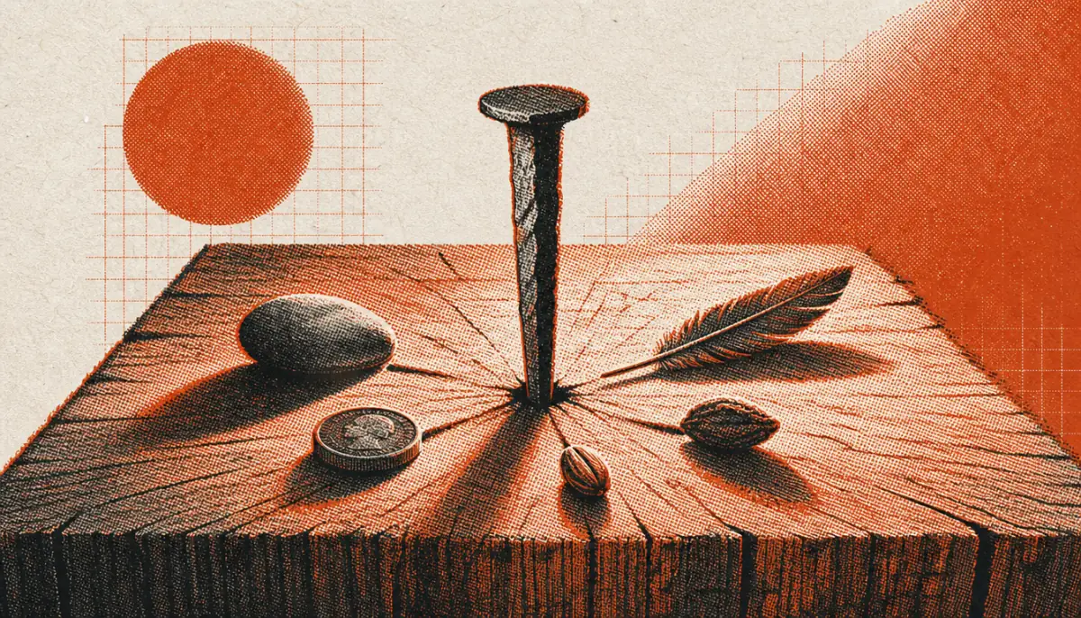 Iron nail in oak plank representing leverage shortcuts for from knowing to doing