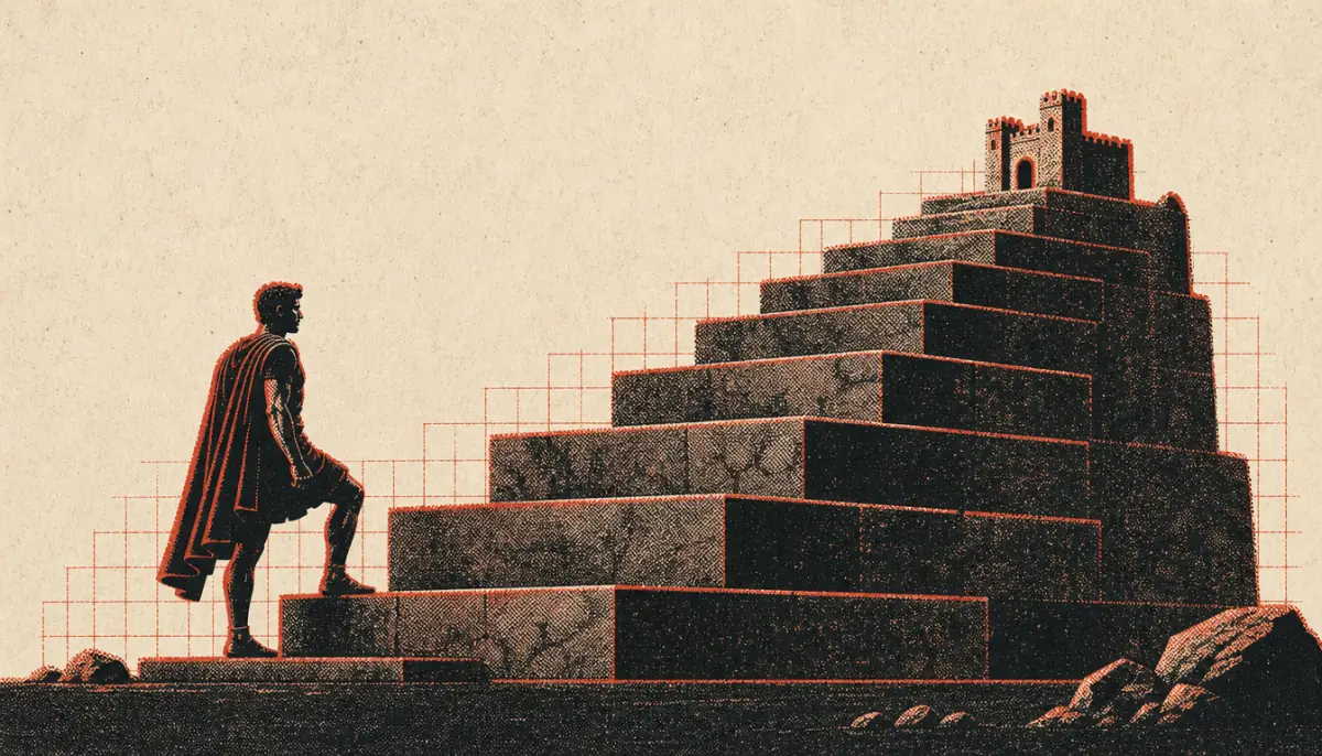 Ascending staircase to a fortress illustrating stacking stoic frameworks for men