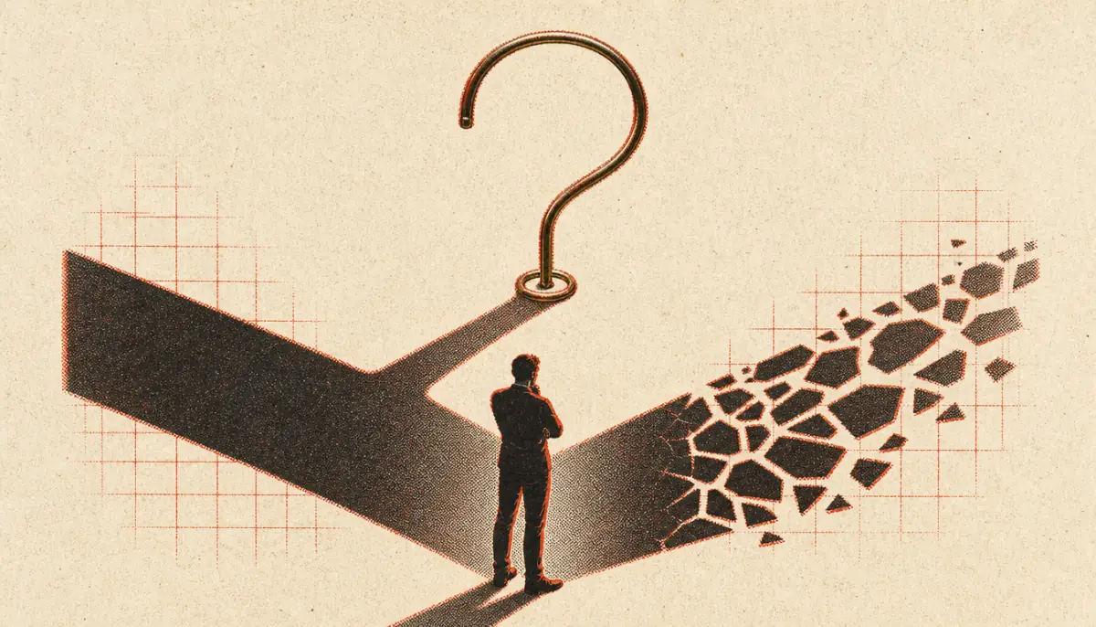 Brass question mark with split shadow representing inquiry into the dichotomy of control