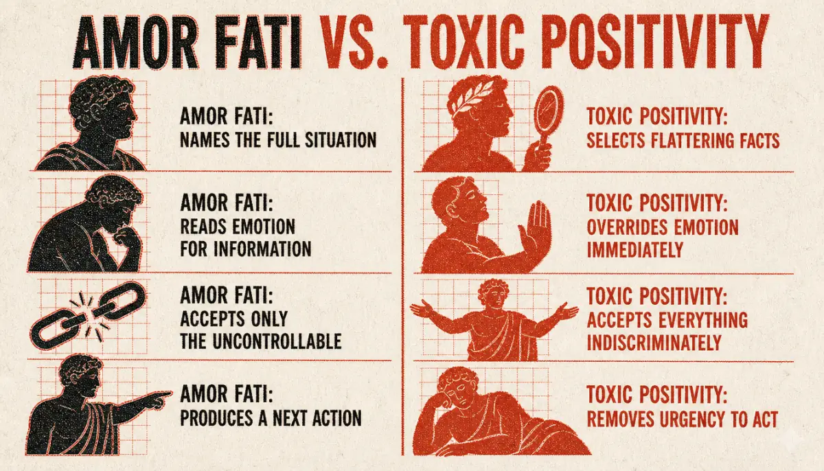 Comparison chart of amor fati versus toxic positivity across six dimensions