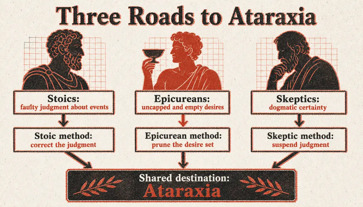 Comparison diagram showing how Stoics, Epicureans and Skeptics each reach ataraxia