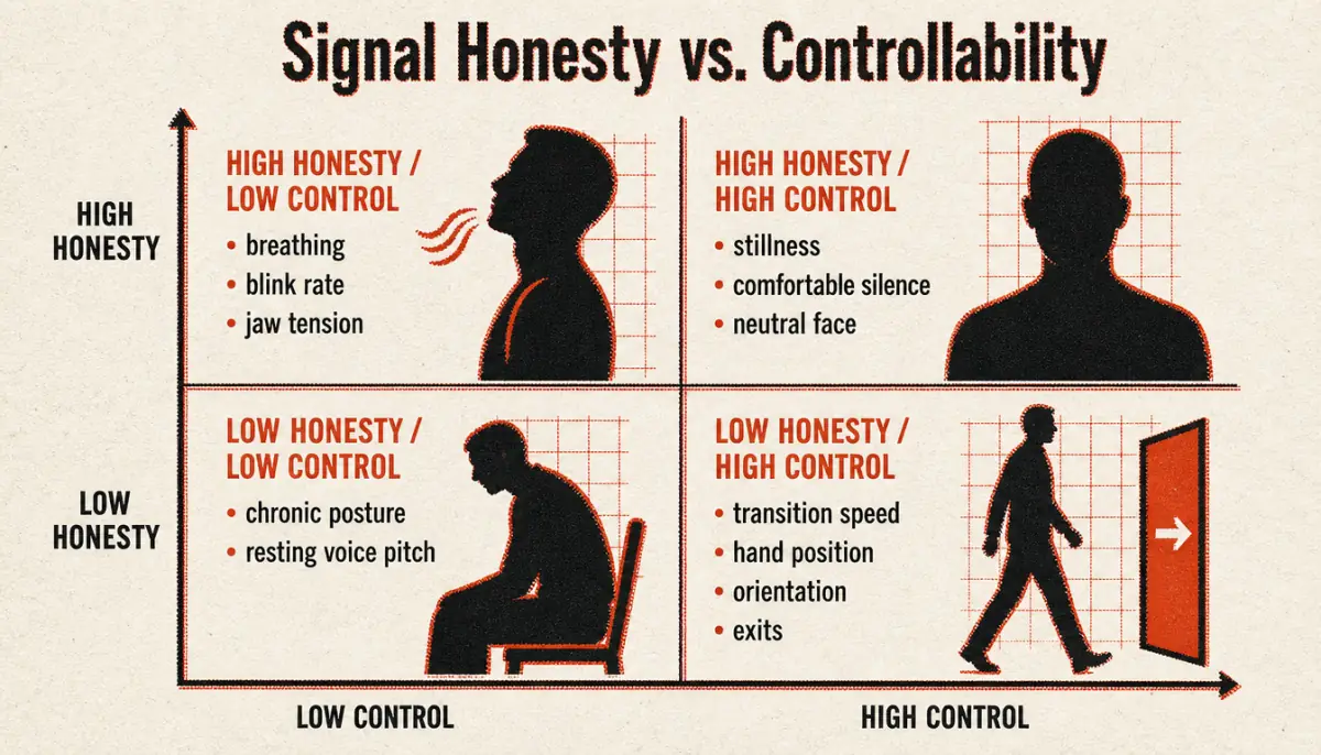 Matrix mapping honesty and controllability of body language for men signals