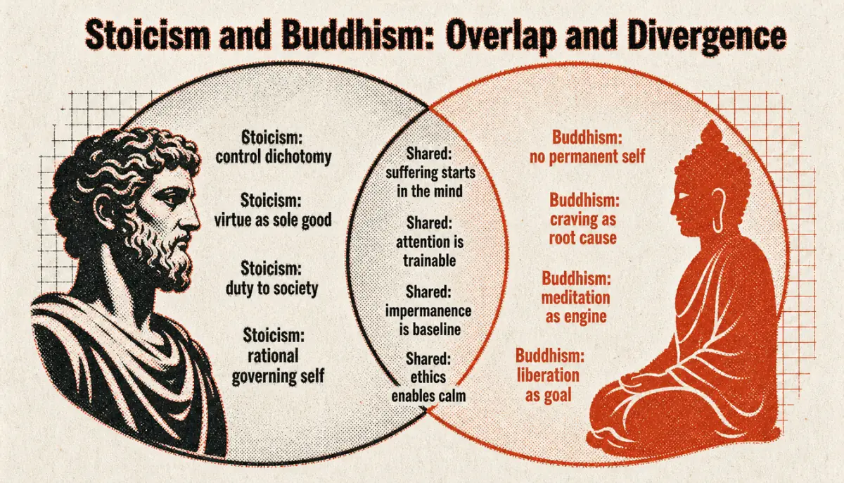 Venn diagram comparing stoicism vs buddhism overlap in mind training and divergence in metaphysics