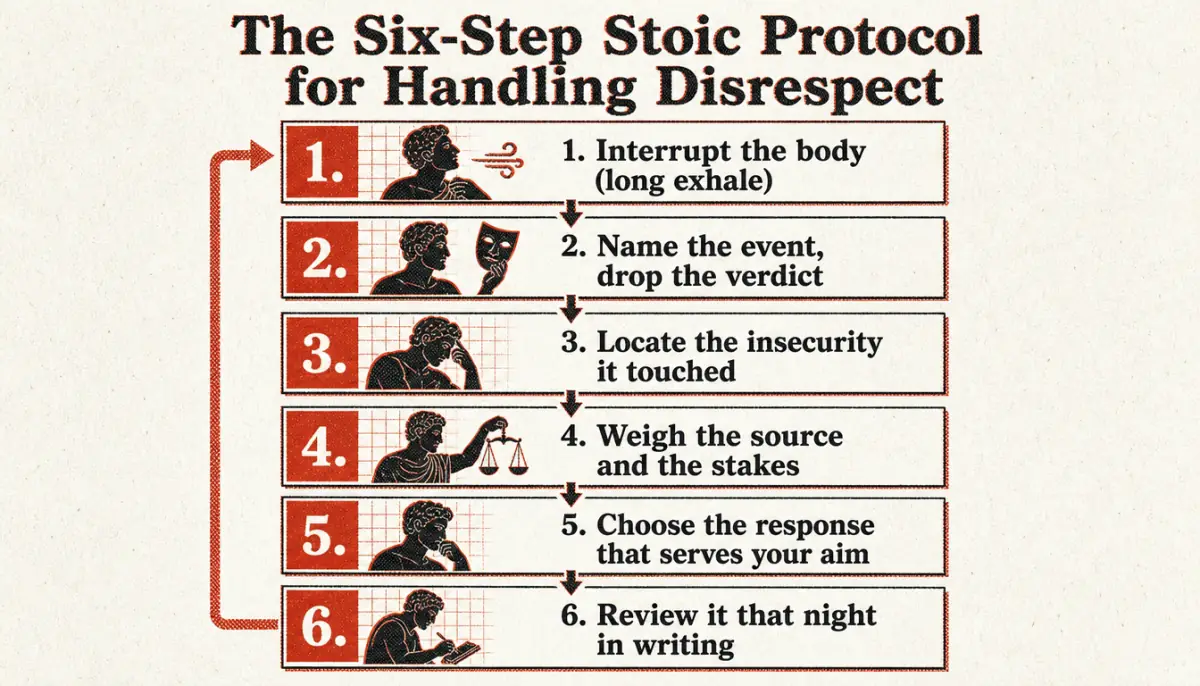 Process diagram of the six-step protocol for how to handle disrespect like a Stoic