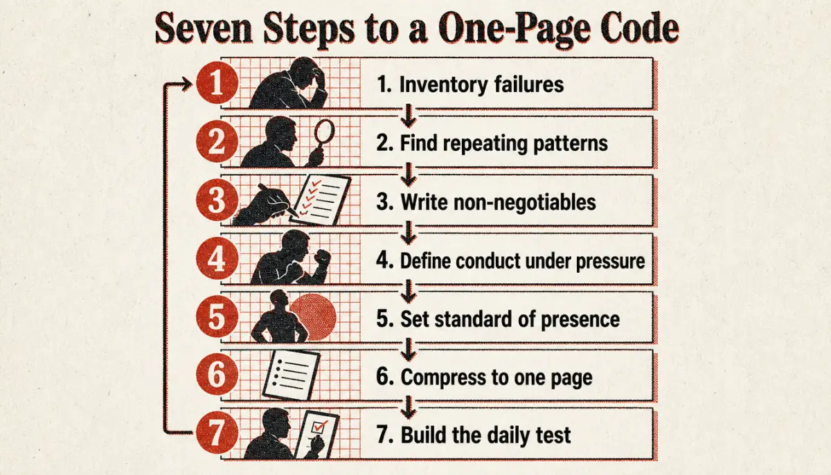 Seven-step process diagram for building a one-page personal code of conduct