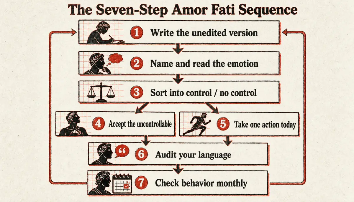 Seven-step process diagram for practicing amor fati on a real difficulty