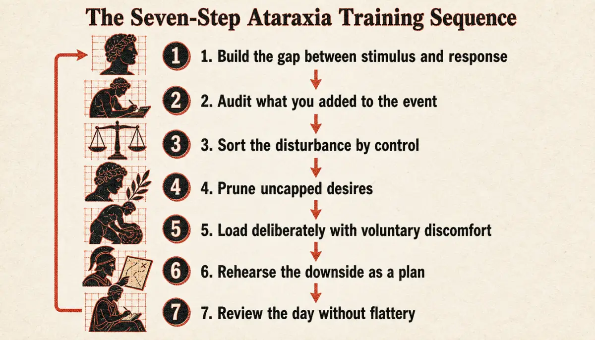 Seven step process diagram for training ataraxia as a practical daily skill