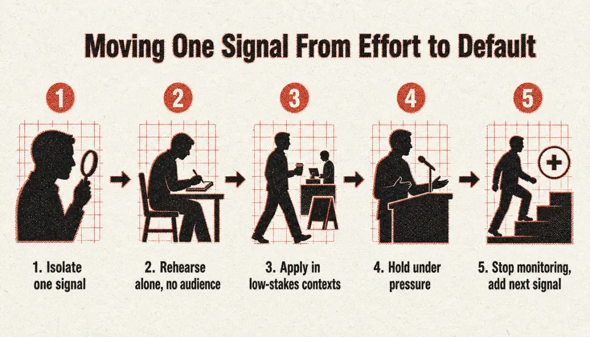 Five-step process for training body language for men from effort to default