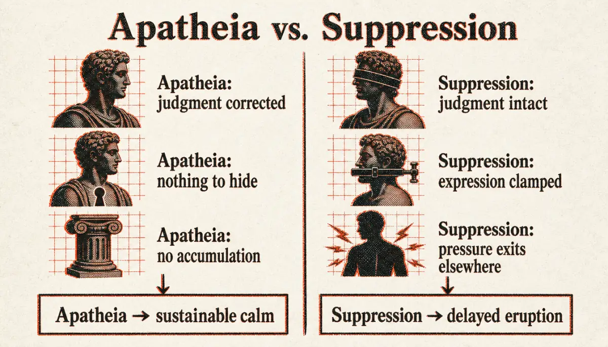 Comparison chart of suppression versus true apatheia meaning