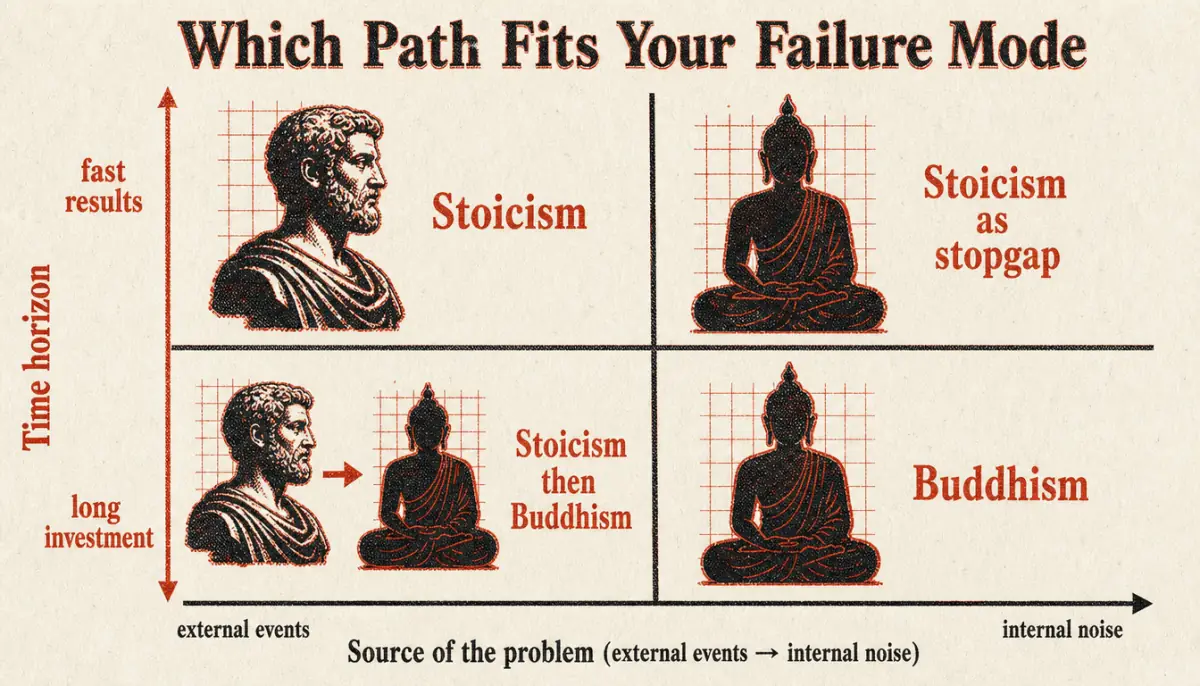 Matrix diagram for choosing between stoicism vs buddhism based on failure mode and time horizon
