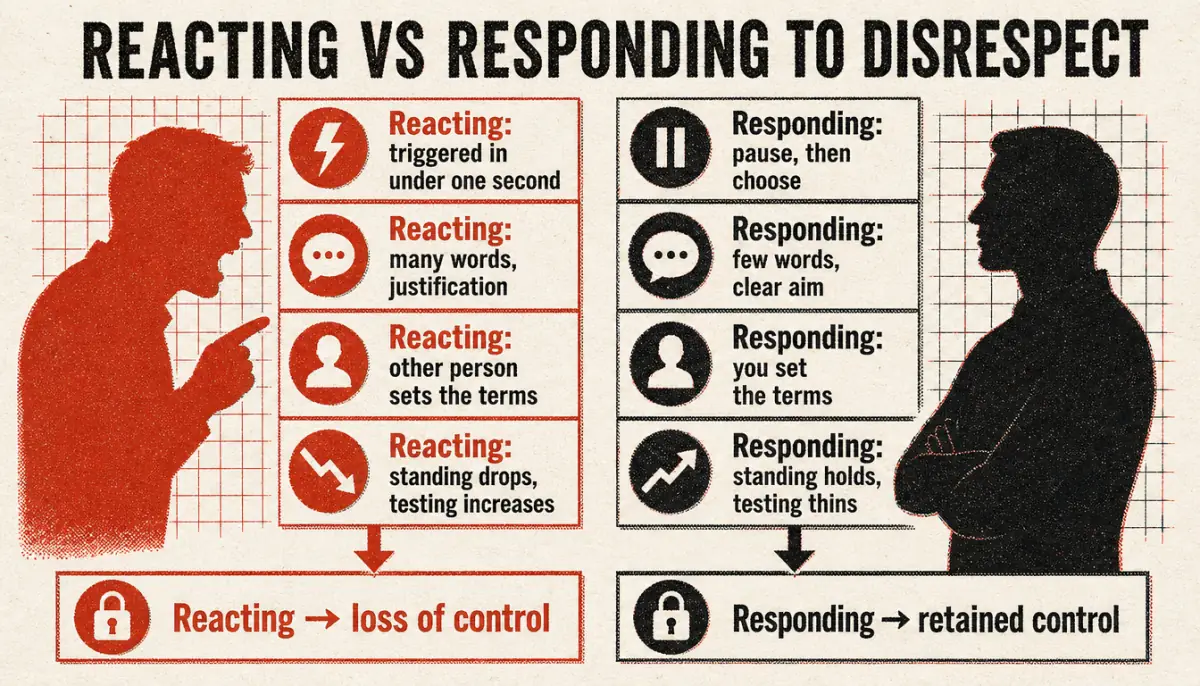 Comparison chart of reacting versus responding when learning how to handle disrespect