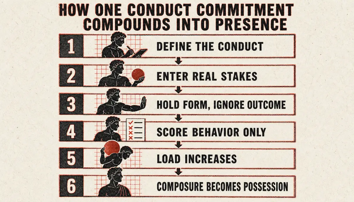 Process diagram showing how repeated conduct commitments build composure under pressure