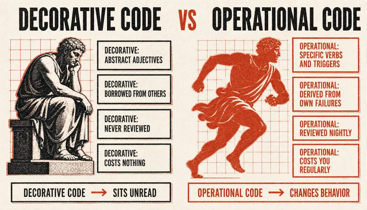Comparison diagram of a decorative versus operational personal code of conduct