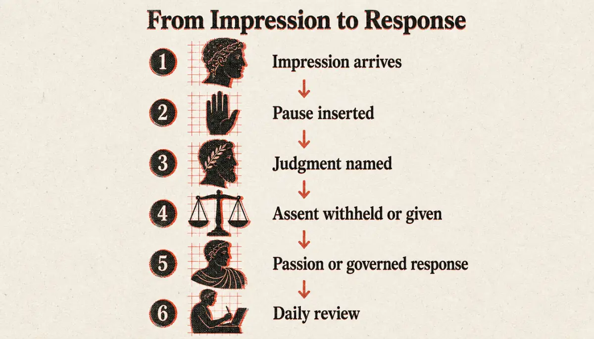 Process diagram of impression to response in apatheia meaning training