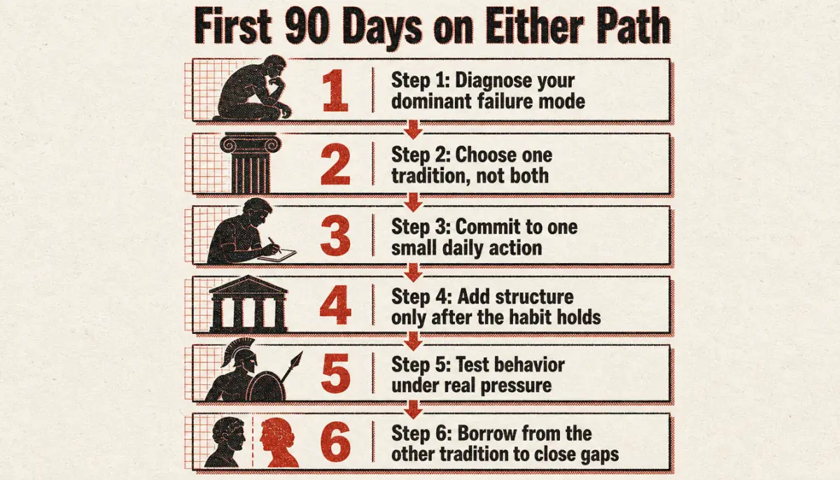 Six step process diagram for starting a stoicism vs buddhism practice in the first 90 days