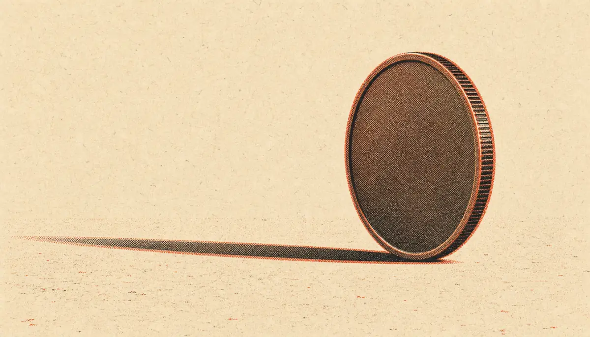 Blank bronze coin standing on edge representing the misreading of amor fati