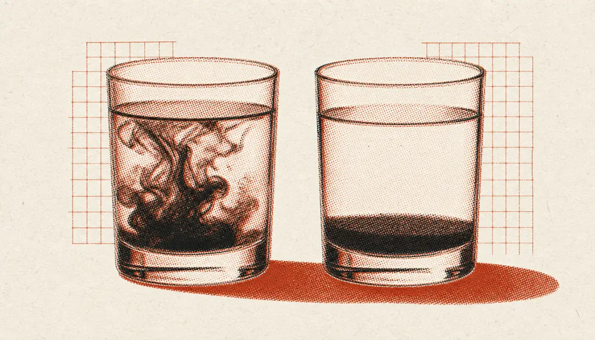 Two glasses showing churning and settled sediment illustrating the meaning of ataraxia