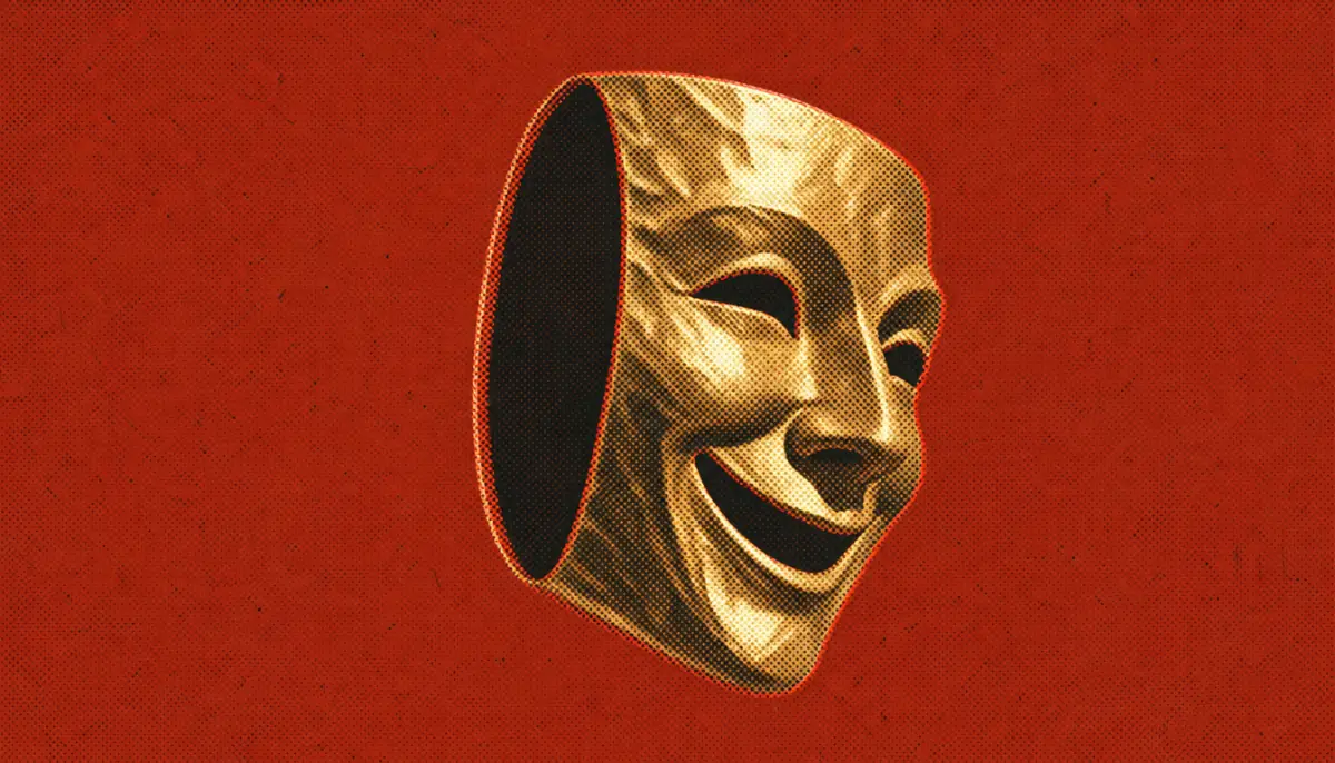 Hollow gold smiling mask showing the false version of amor fati