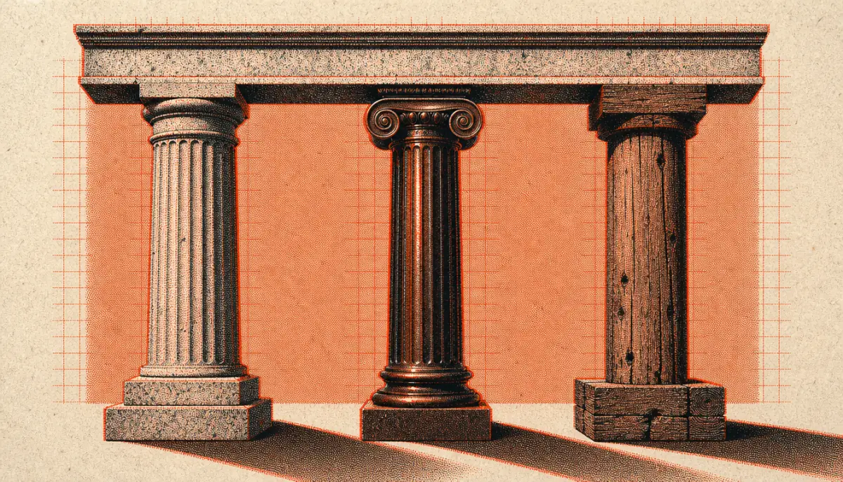 Three different columns supporting one beam symbolizing three schools agreeing on ataraxia