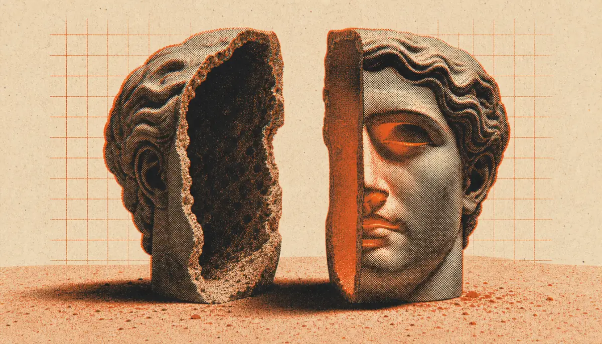 Split sculpted head contrasting apathy and apatheia meaning