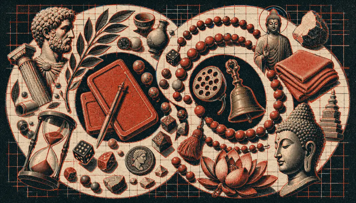 Dense spiral arrangement of Stoic and Buddhist objects comparing stoicism vs buddhism practices