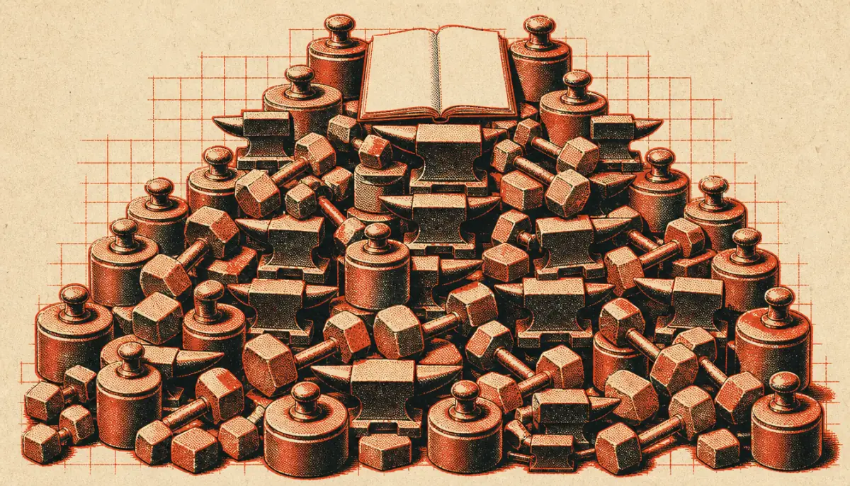 Stacked weights topped by a blank ledger representing training composure under pressure