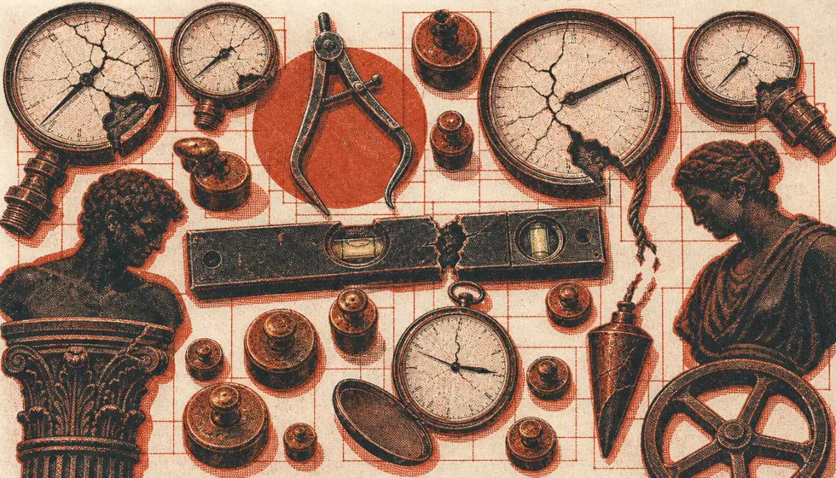 Broken measuring instruments arranged flat, showing where amor fati misapplied disables self-assessment