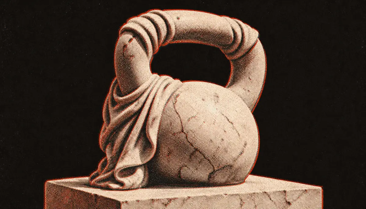 Marble kettlebell sculpture representing ataraxia as a trained skill rather than a mood