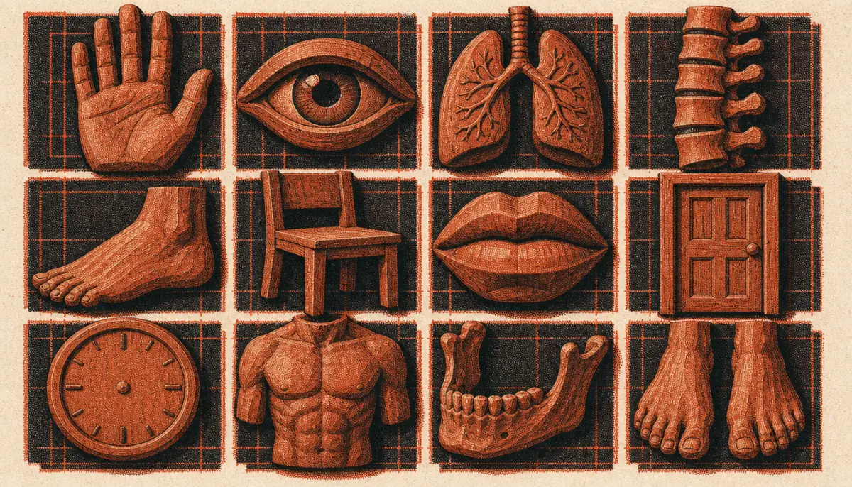 Grid of twelve carved symbols for the twelve signals of body language for men