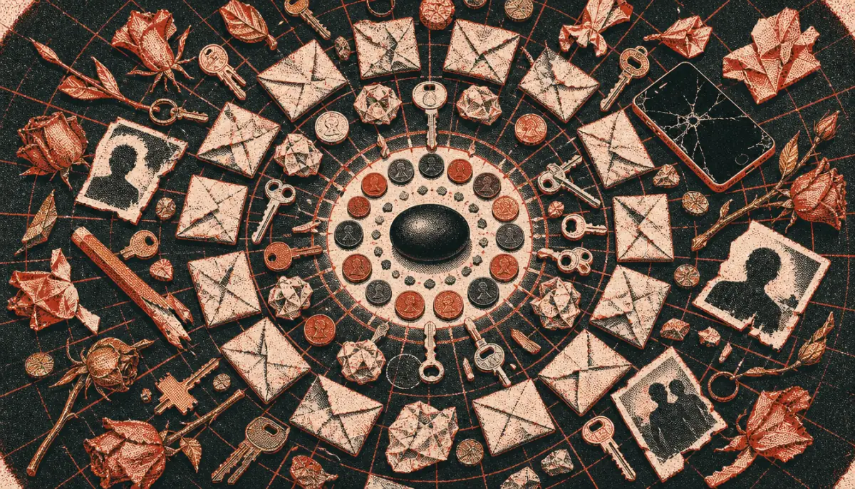 Objects of daily conflict circling a still centre stone showing apatheia meaning in practice